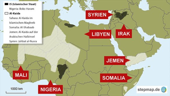 Diese Gebiete kontrollieren der IS (schwarz schraffiert), bzw. verschiedene Al-Kaida-Ableger (weiß schraffiert). (Quelle: stepmap / t-online.de)